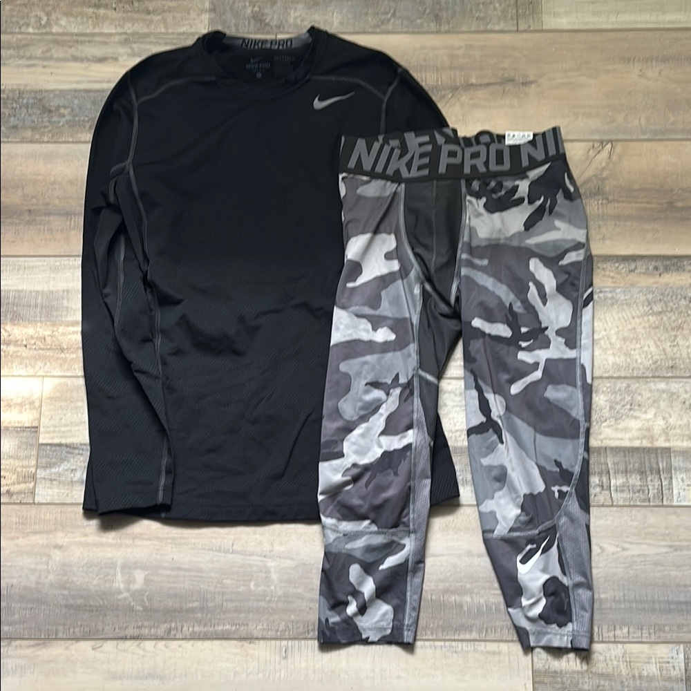 Nike Pro Black Shirt and Gray Camo Leggings Set